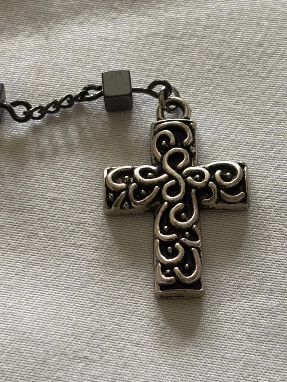 Gunmetal Rosary-Style Cross Necklace